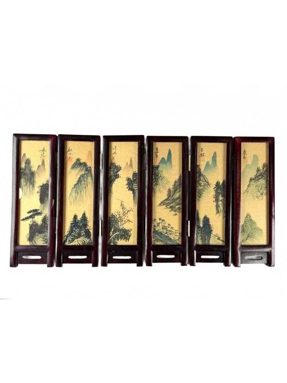 Vintage Mini Folding Screen Two-Sided China Silk Painting Birds Flowers Mountain - Picture 2 of 14